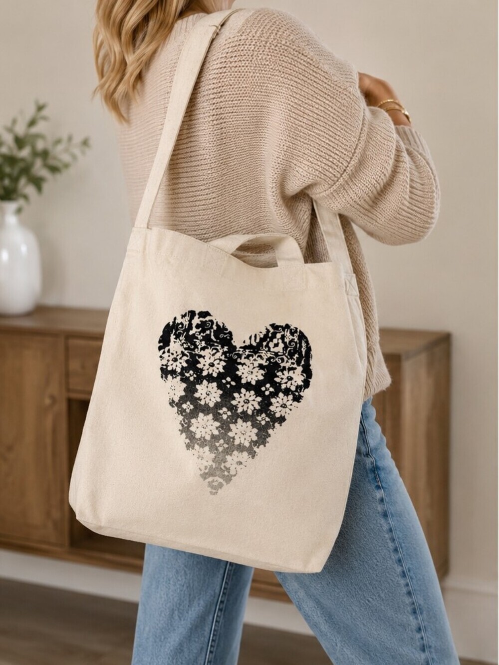 Free People Canvas Heart Tote Cream Crossbody Shoulder Bag NWOT